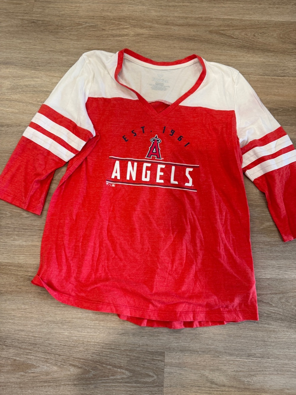 Official Women’s Fanatics Red & White Los Angeles Angels Baseball Raglan Tee
